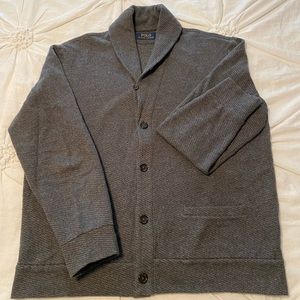 Polo shawl collar cardigan sweater.